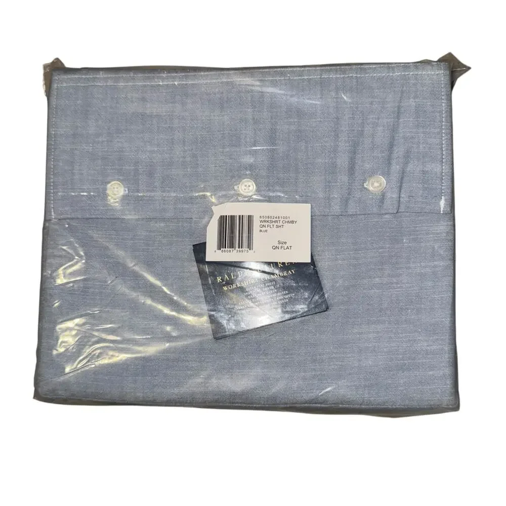 New Ralph Lauren Queen Flat Sheet Workshirt Chambray Blue Country Old Money Fall